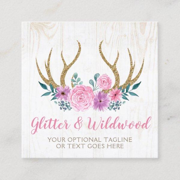 Rustic Wood & Watercolor Floral Antlers Boutique Square