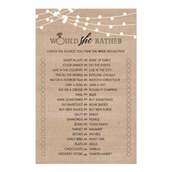 Rustic would she rather bridal shower game flyer