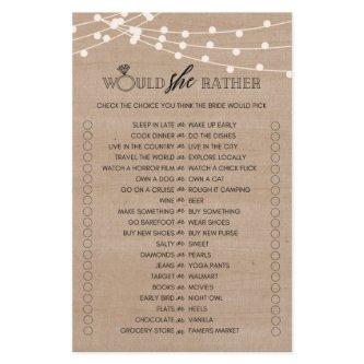 Rustic would she rather bridal shower game flyer
