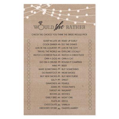 Rustic would she rather bridal shower game flyer