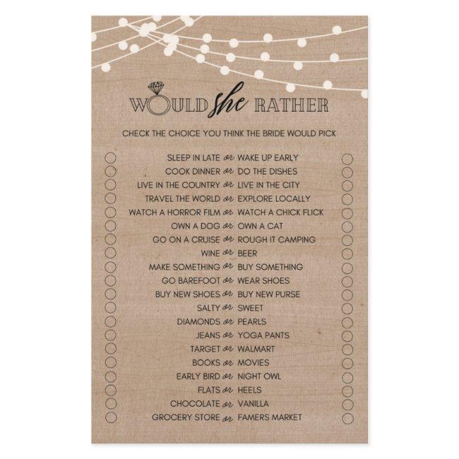 Rustic would she rather bridal shower game flyer
