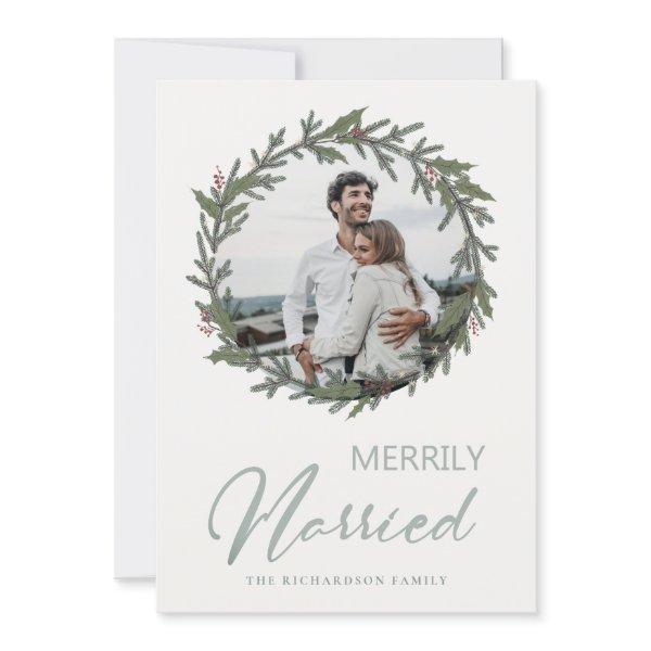 Sage Green Christmas Wreath Photo Merrily Married Holiday Card