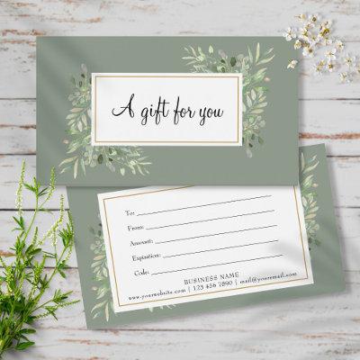 Sage Green Gold Greenery Business Gift Certificate