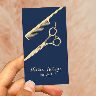 Salon Gold Scissor & Comb Navy Blue Hair Stylist