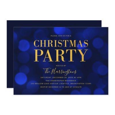 Sapphire Blue Bokeh Lights Gold Christmas Party Invitation