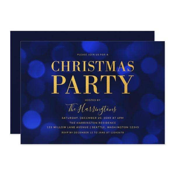 Sapphire Blue Bokeh Lights Gold Christmas Party Invitation