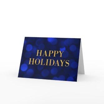 Sapphire Blue Bokeh Lights Gold Happy Holidays Holiday Card