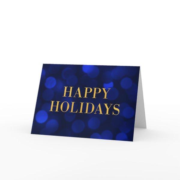 Sapphire Blue Bokeh Lights Gold Happy Holidays Holiday Card