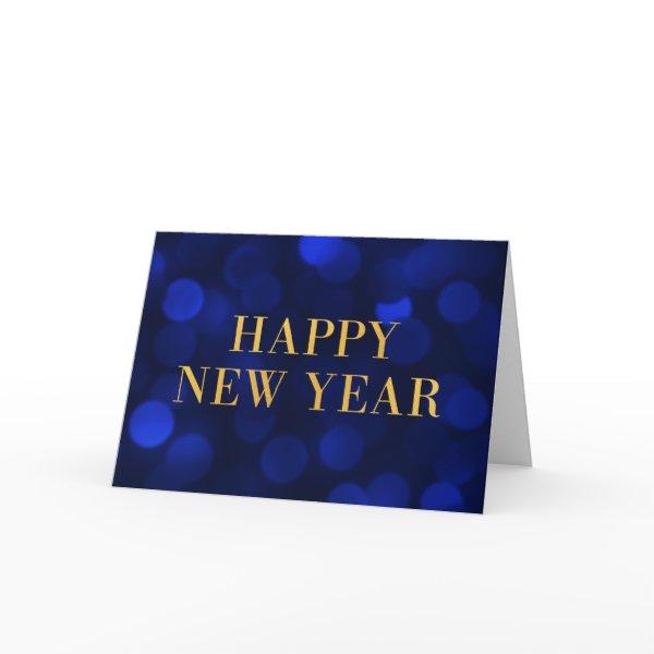 Sapphire Blue Bokeh Lights Gold Happy New Year Holiday Card