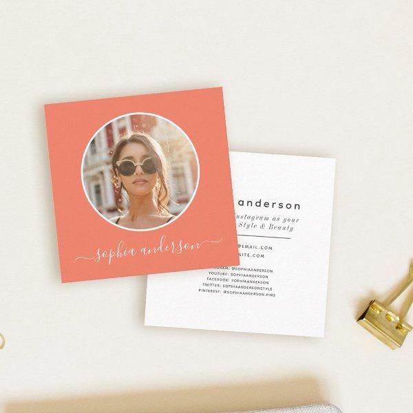 Script Modern Chic Trendy Coral Photo Social Media Calling Card