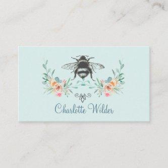 Script Signature Personalized Bee Floral Blue Calling Card