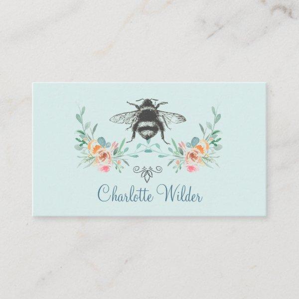 Script Signature Personalized Bee Floral Blue Calling Card