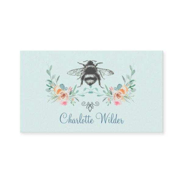 Script Signature Personalized Bee Floral Blue Calling Card