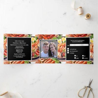 Seafood broil paella dinner rehearsal party Tri-Fold invitation