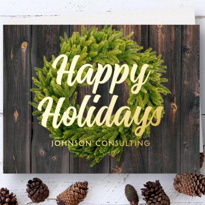 Season's Greetings Country Rustic Pine Wreath Wood Foil Holiday Card