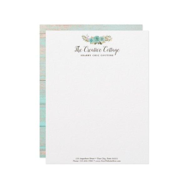 Shabby Cottage Chic Turquoise Floral Rustic Wood Letterhead