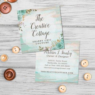 Shabby Cottage Chic Turquoise Floral Rustic Wood Square