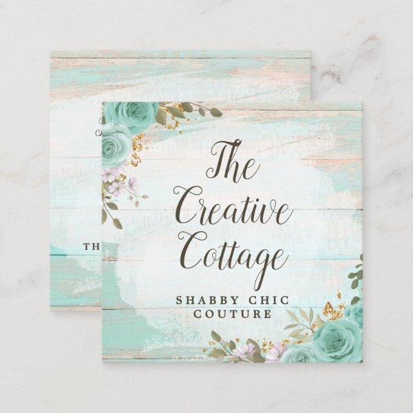 Shabby Cottage Chic Turquoise Floral Rustic Wood Square