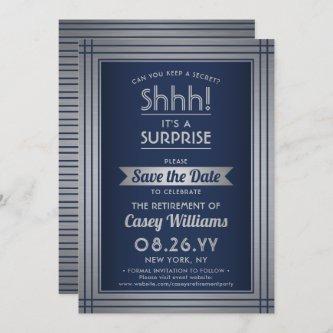 Shhh! Surprise Retirement Party Navy Blue & Silver Save The Date