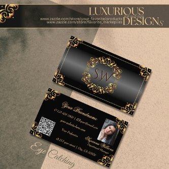 Shimmery Black Gold Decor Monogram Photo QR Code