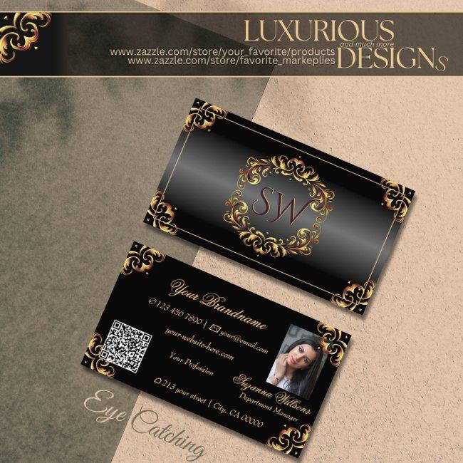 Shimmery Black Gold Decor Monogram Photo QR Code