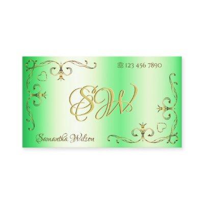 Shimmery Green with Gold Ornate Corners Initials