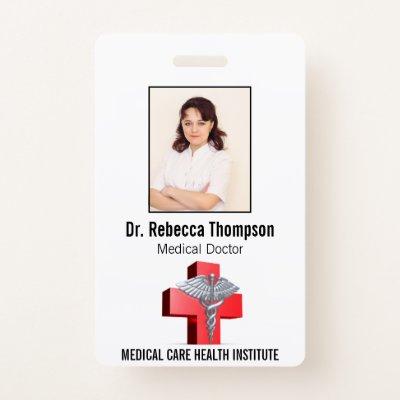 Silver 3D Caduceus Cross Red Medical Photo ID Badge