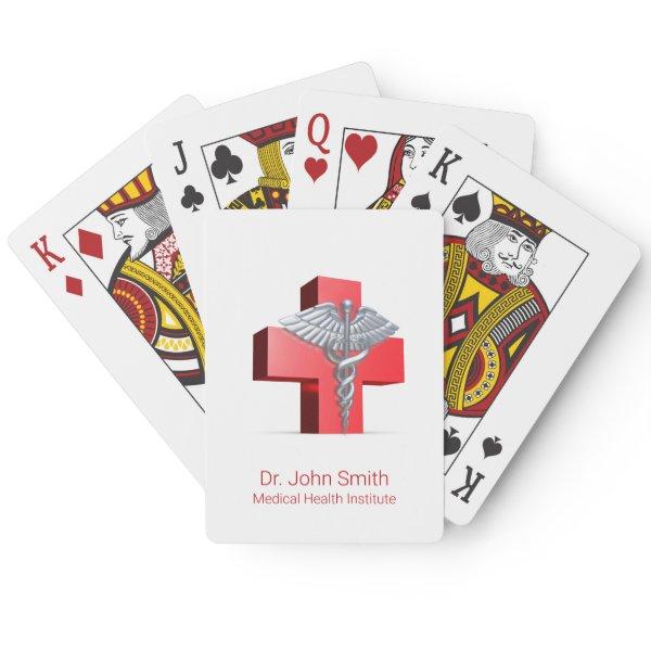 Silver 3D Caduceus Medical Cross Red Poker Cards