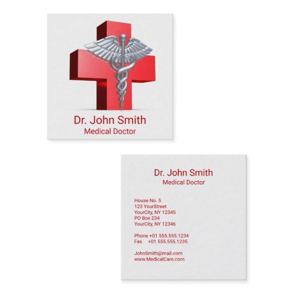 Silver 3D Medical Caduceus Cross Red Square
