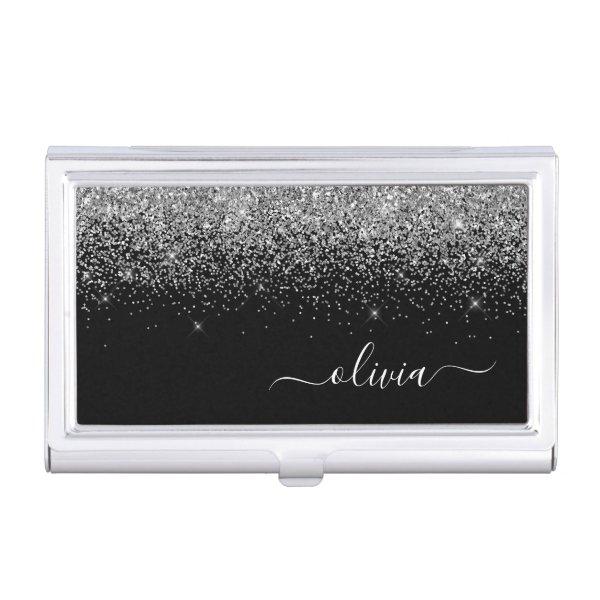 Silver Black Glitter Script Monogram Girly Name  Case