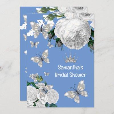 Silver blue and white elegant roses bridal shower invitation