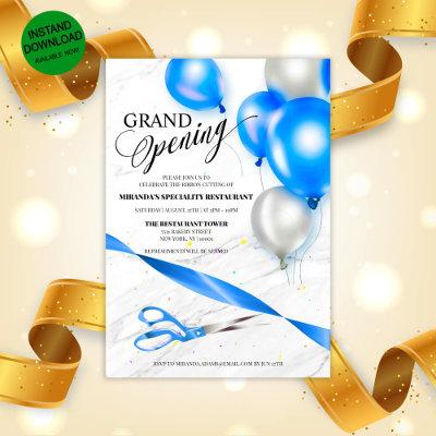 Silver Blue Balloons Restaurant Grand Opening Invitation