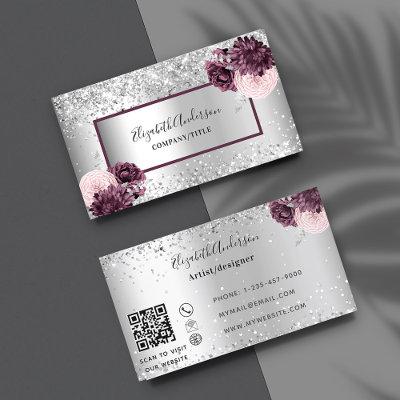 Silver burgundy florals elegant QR code