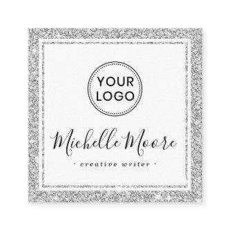 Silver faux glitter border custom logo elegant square