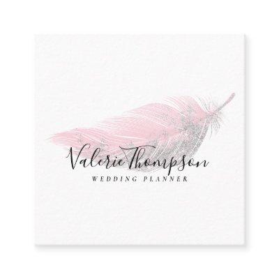 Silver glitter blush pink feather modern elegant square