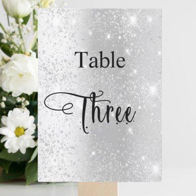 Silver glitter calligraphy table three 3 card