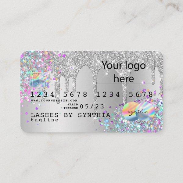 Silver glitter drips Credit Card hologram add logo