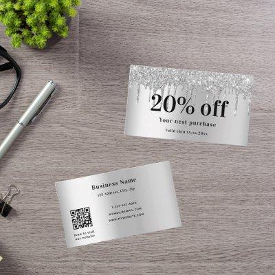 Silver glitter drips elegant qr code business discount card
