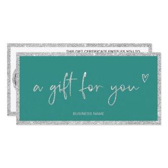 Silver glitter heart teal logo gift certificate