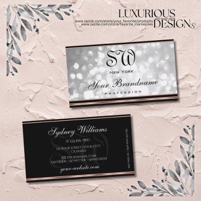 Silver Glitter Monogram Black and Rose Gold Border