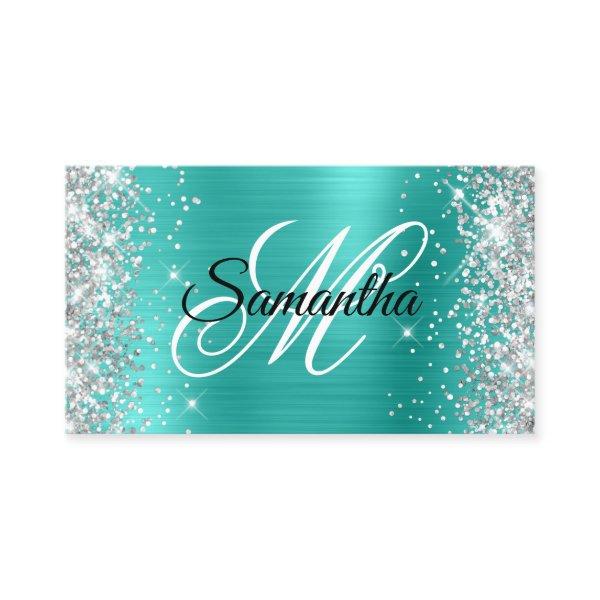 Silver Glitter Shiny Turquoise Foil Fancy Monogram