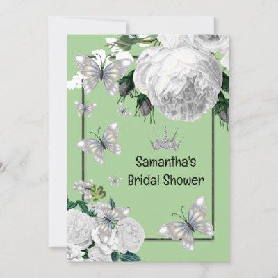 Silver green white elegant roses bridal shower  invitation