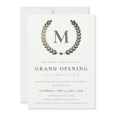 Silver Laurel Monogram Ornate Grand Opening Invite