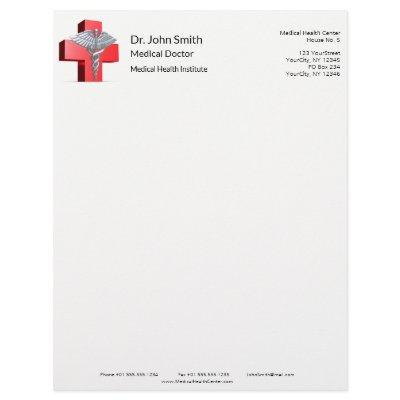 Silver Medical 3D Caduceus Cross Red Letterhead