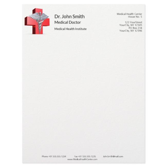Silver Medical 3D Caduceus Cross Red Letterhead