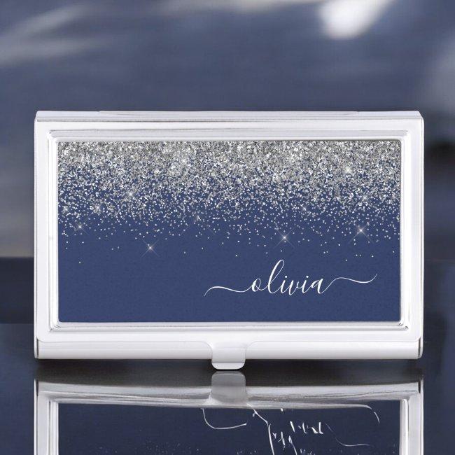Silver Navy Blue Glitter Girly Monogram Name Case
