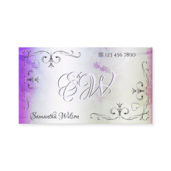 Silver Ornate Corners Initials Purple Pink Shimmer