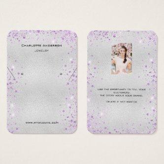 Silver purple glitter earrings photo display card