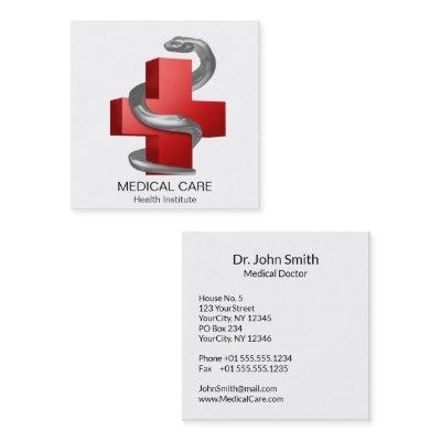 Silver Serpent Snake Red Medical Cross Symbol Square