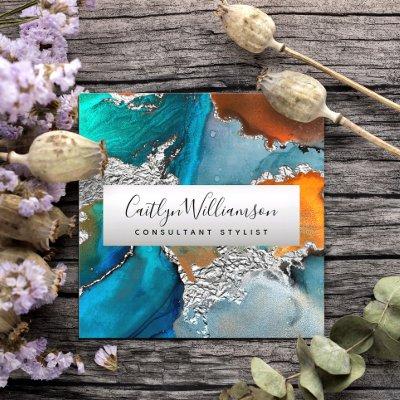 Silver turquoise marble watercolor stylist script  square
